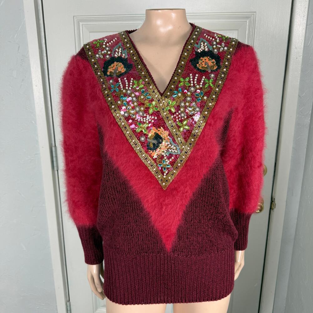 Vintage 80s 90s Shannan Women's Sweater Mohair Beaded V neck Party Floral P3-19